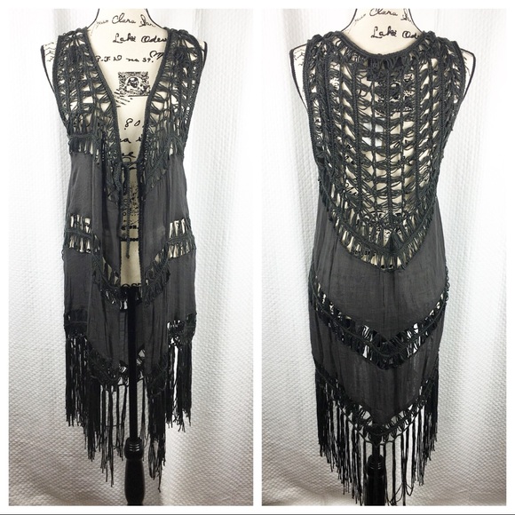 Daytrip Sweaters - Daytrip Gray Fringe Crochet Vest Cardigan Wrap Med